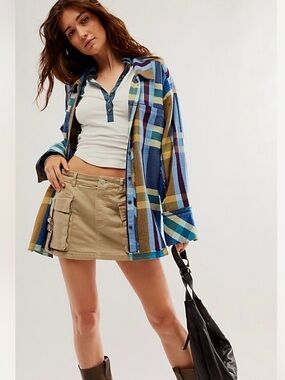 Free People We The Free So Long Summer Blue Plaid Oversized Shirt Size Large